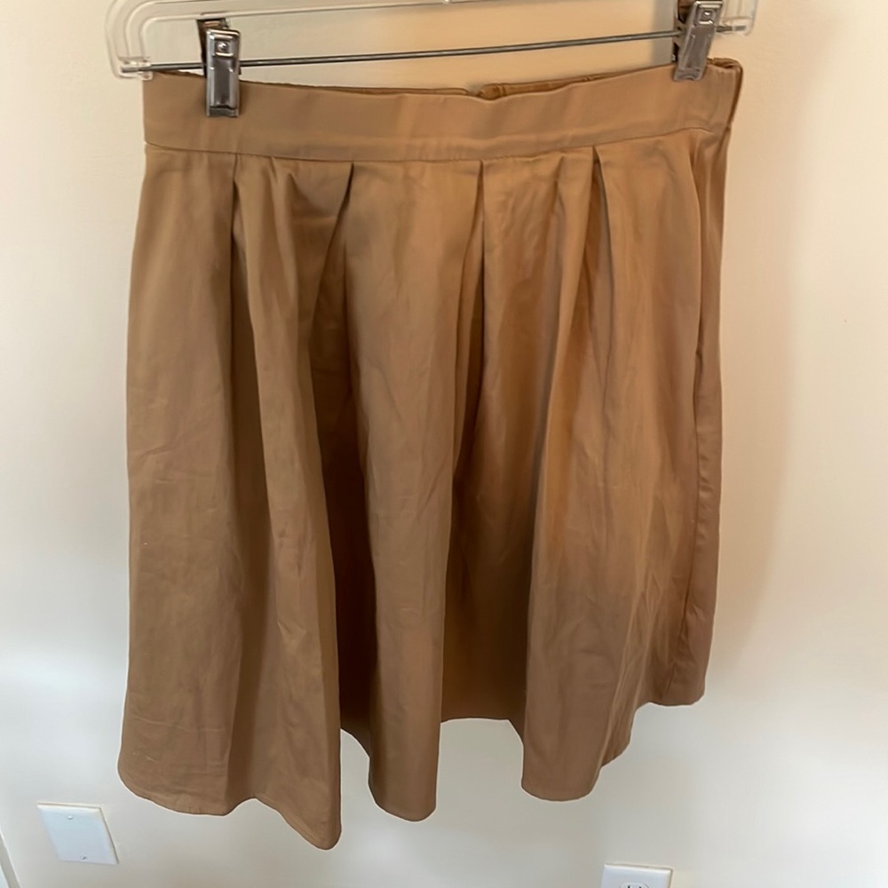 Khaki Pleated A-Line Skirt Small Zipper High Waist Pockets